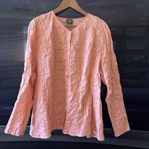 Eileen Fisher Women’s Top 2X Peach Crinkled Cotton Button Front Long Sleeve
